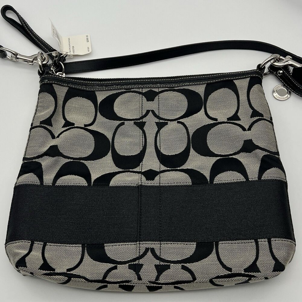 Coach Signature Stripe Shoulder Bag White/Black Canvas A1076-F13674 Excellent